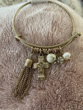 Gold Tone Cross Charm Bangle Bracelet with Tassel and Beads